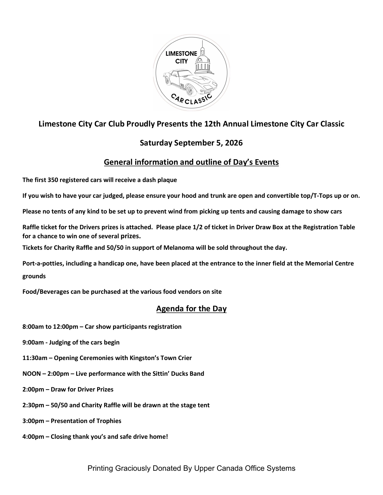 2026 Limestone City Car Classic Agenda and Trophy Sponsors