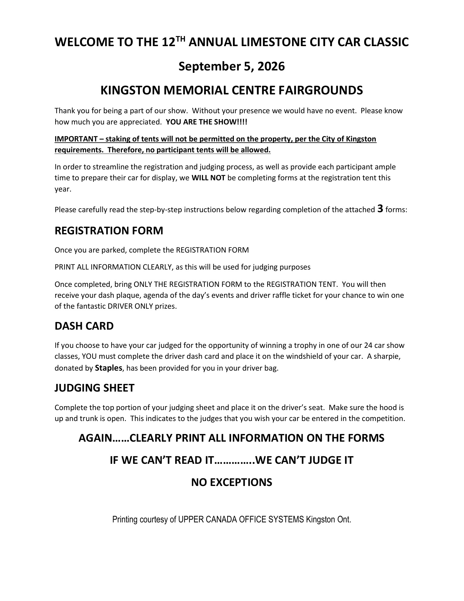 2026 Limestone City Car Classic Registration Procedures